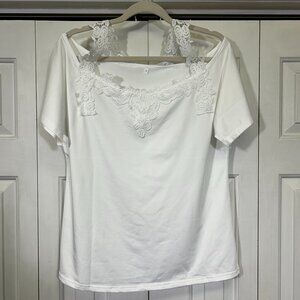 Gorgeous White slinky scoop neck top with lace cold shoulder straps stunning XL